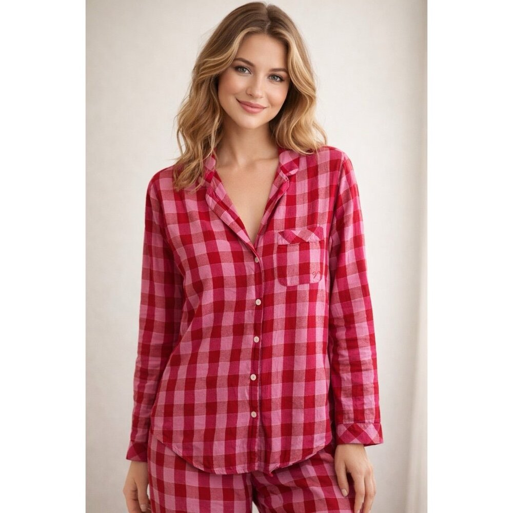 Victoria’s Secret S Red Pink Plaid Womens Long Sleeve‎ Pajama Top Shirt Flannel
